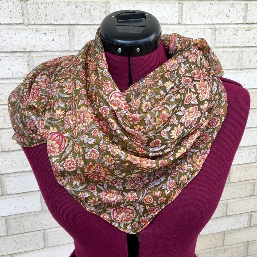 Vintage Scarf Olive Green, Brown, Red, Yellow Flowers